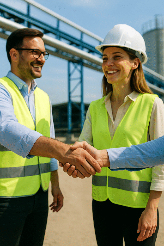 Professional handshake among industrial professionals at a construction site, representing industrial staffing partnership