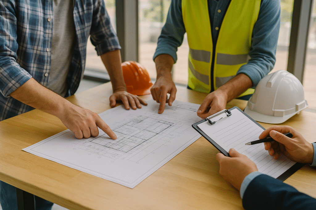 Managers and supervisors shaking hands at a construction site, symbolising successful interviews and hires for site managers and supervisors