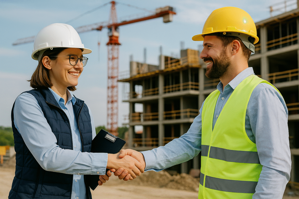 Recruiter and engineers shaking hands discussing cost-effective hiring strategies